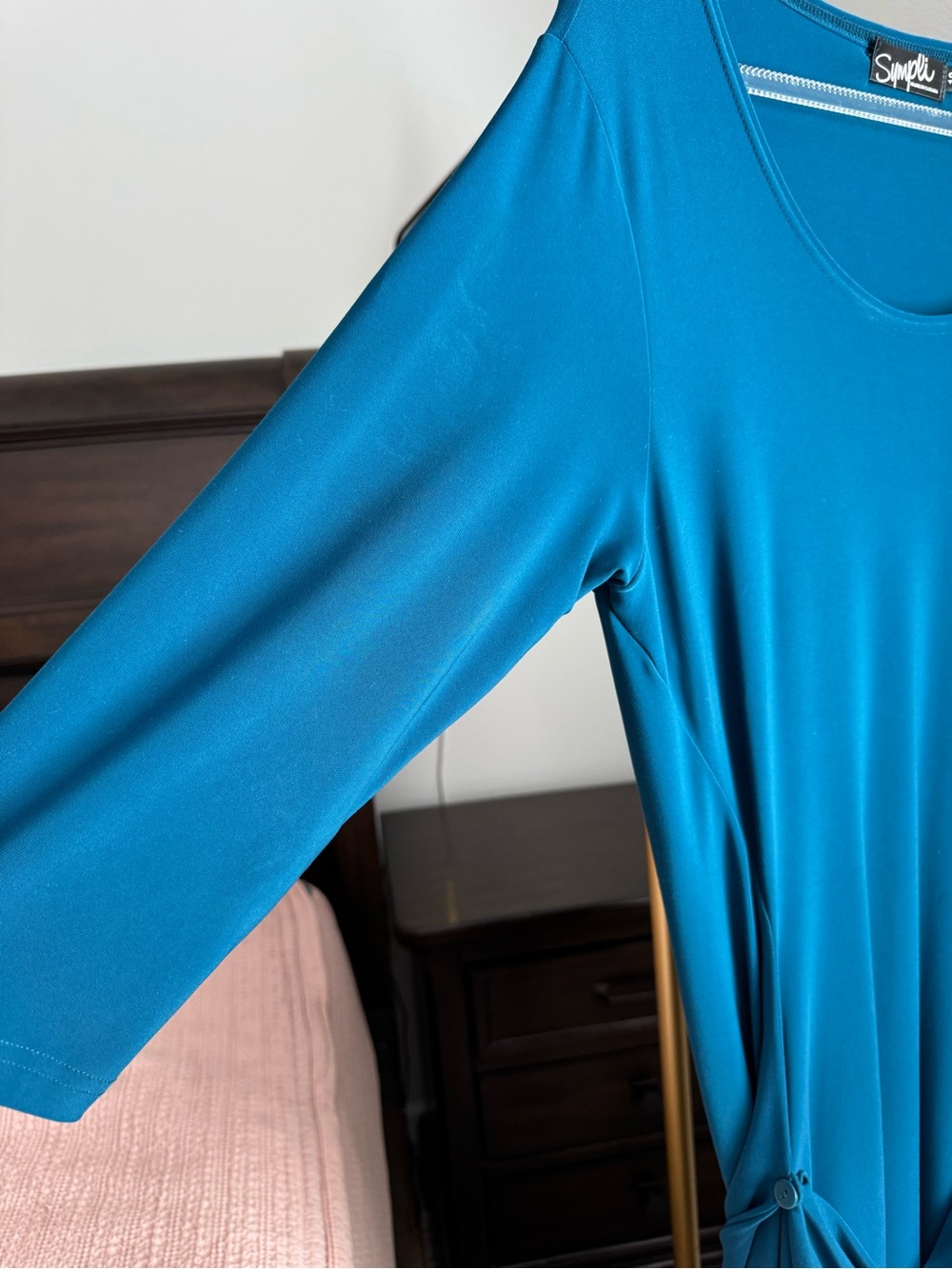 Sympli Teal Asymmetrical Drape Midi Dress Size 12 Made in Canada - Picture 4 of 15